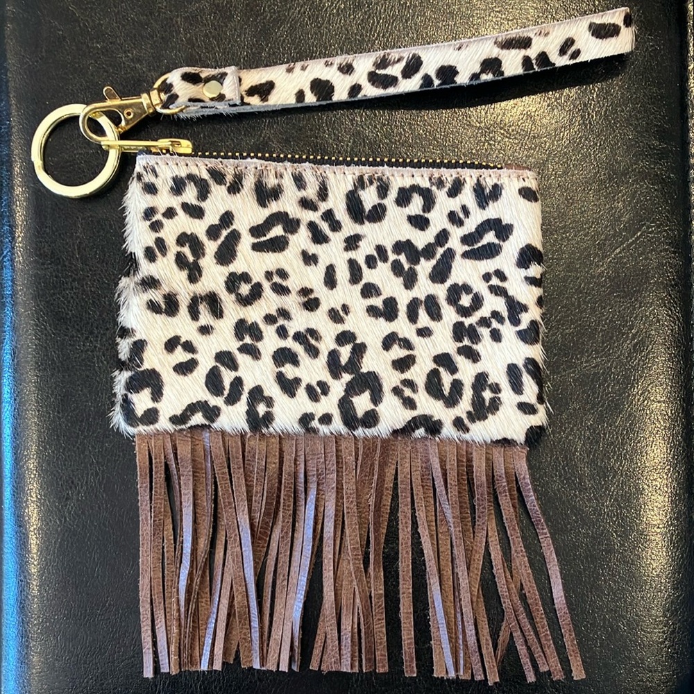 Leather Leopard Print Fringe Wristlet